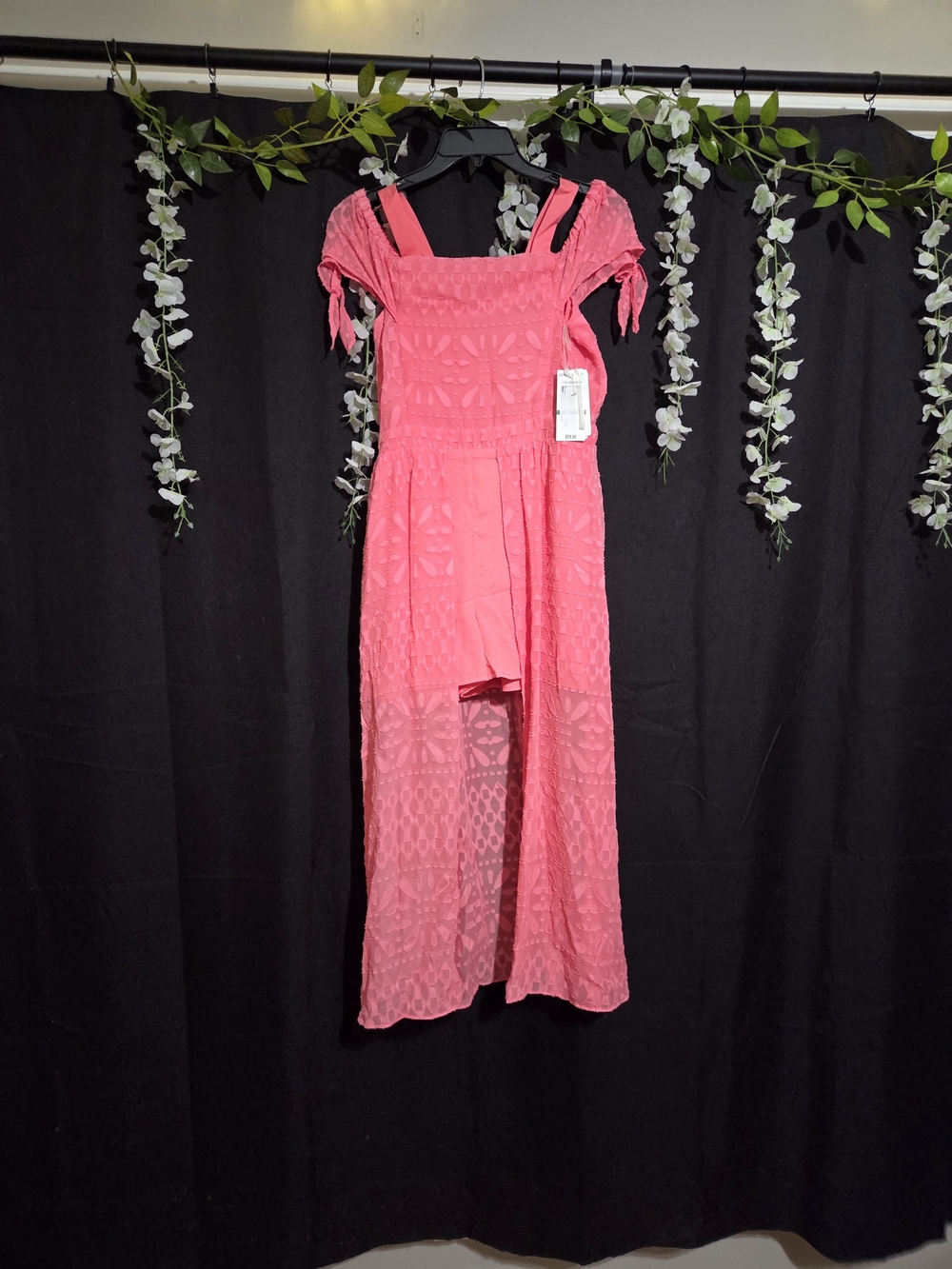 GB girls Hot Pink Lace Maxi High Low Romper with Tie Straps
